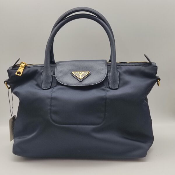 Prada  Prada Dark Blue Leather & Nylon Tote Bag, 95% New, 28CM x 17CM x 25CM, Elegant & Durable Design